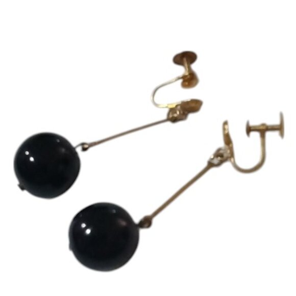Black Onyx Ball Drop Earrings Screw-on Fasteners Gold Tone Wire - Picture 4 of 5
